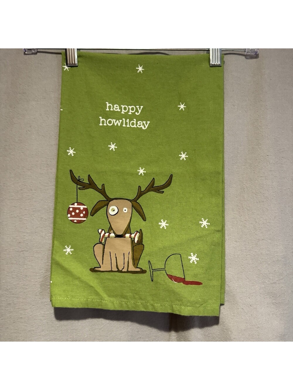 Primitives By Kathy Happy Howliday Dog With Antlers Wine Dish Towel Tea Towel